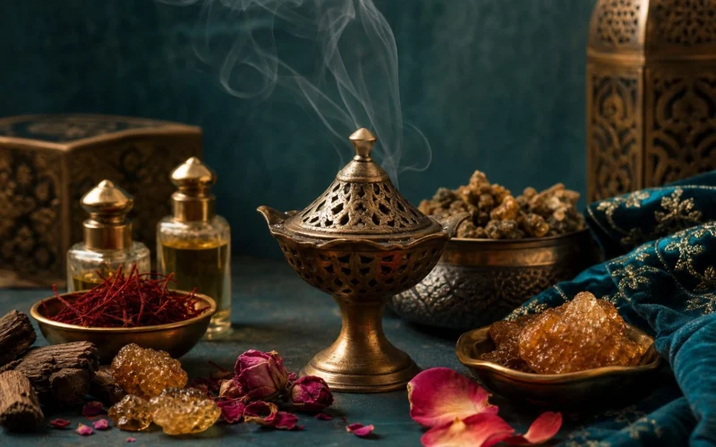 Incense burner surrounded by rose, saffron, resins and perfume oils