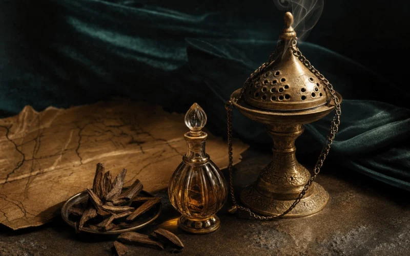 Antique incense burner, attar bottle and oud wood inspired by Arabian perfume history