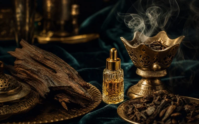 Oud wood, golden attar oil and smoking bakhoor arranged on deep teal velvet