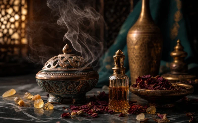Antique incense burner, perfume oil vial and resin tears arranged for a perfume origins story
