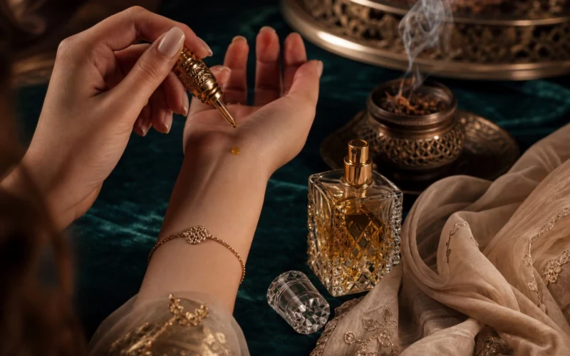 Wrist with attar oil beside a perfume bottle and soft bakhoor smoke